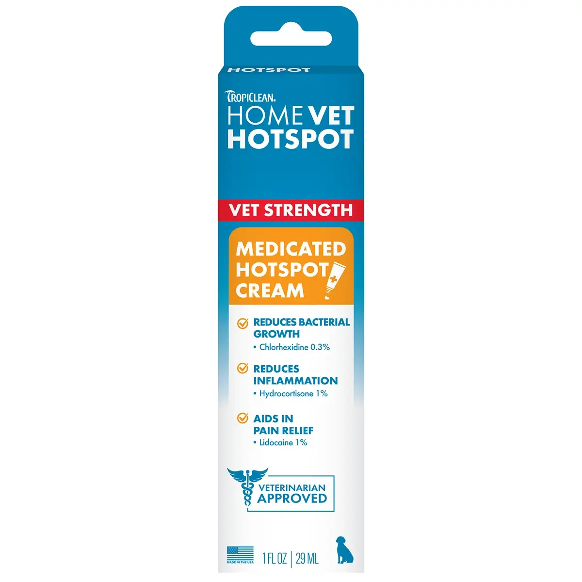 92c1d2fcd35ce5b63b22a9733acf570ad213c8256e51e41de063469601ae2534 Tropiclean Home Vet Hot Spot Cream, 1 oz - Image 1