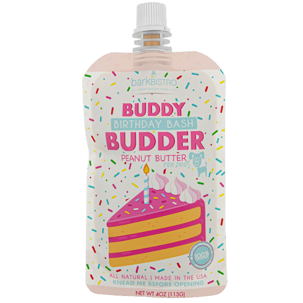Birthday Bash Buddy Budder Single- 100% all natural dog peanut butter, Made in USA 4oz pouch