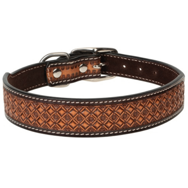 Leather Checkered Tooled Dog Collar, 3/4"