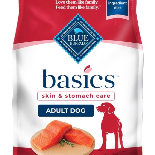 Salmon Recipe Blue Buffalo Basics Adult Dry Dog Food, Skin & Stomach Care, Limited Ingredient Diet for Dogs, 4lb bag
