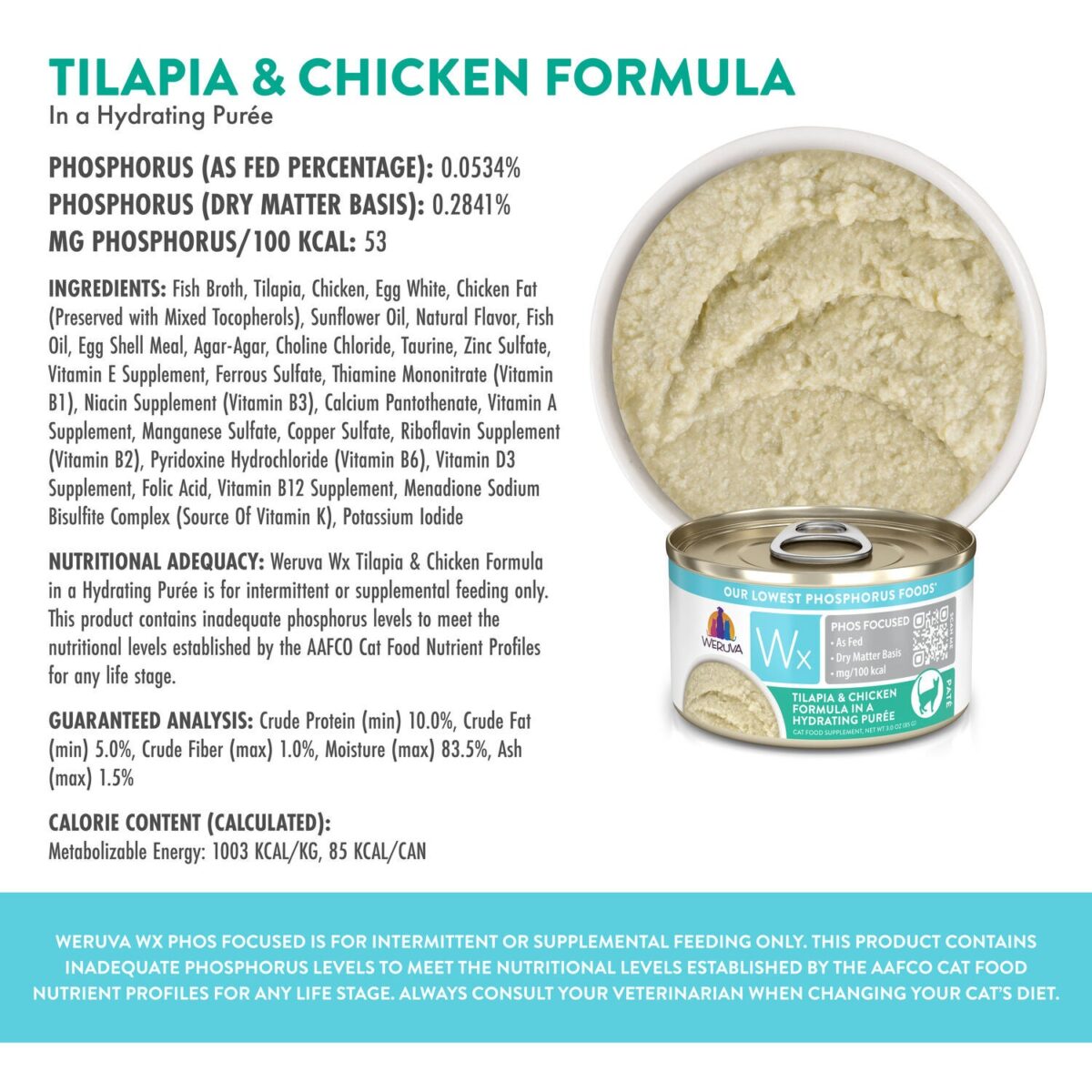 Wx Phos Focused Tilapia & Chicken Formula In A Hydrating Purée Wet Cat Food, 3-Oz - Image 5